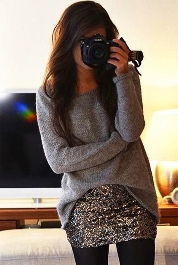 Stylish Ways to Wear Leggings in winter27.1- Oversized Sweater With Sequins Skirt and Leggings